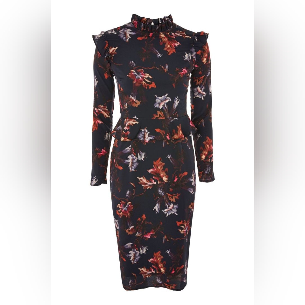 Black Sheath Dress With Mandarin Collar And Puff Sleeves